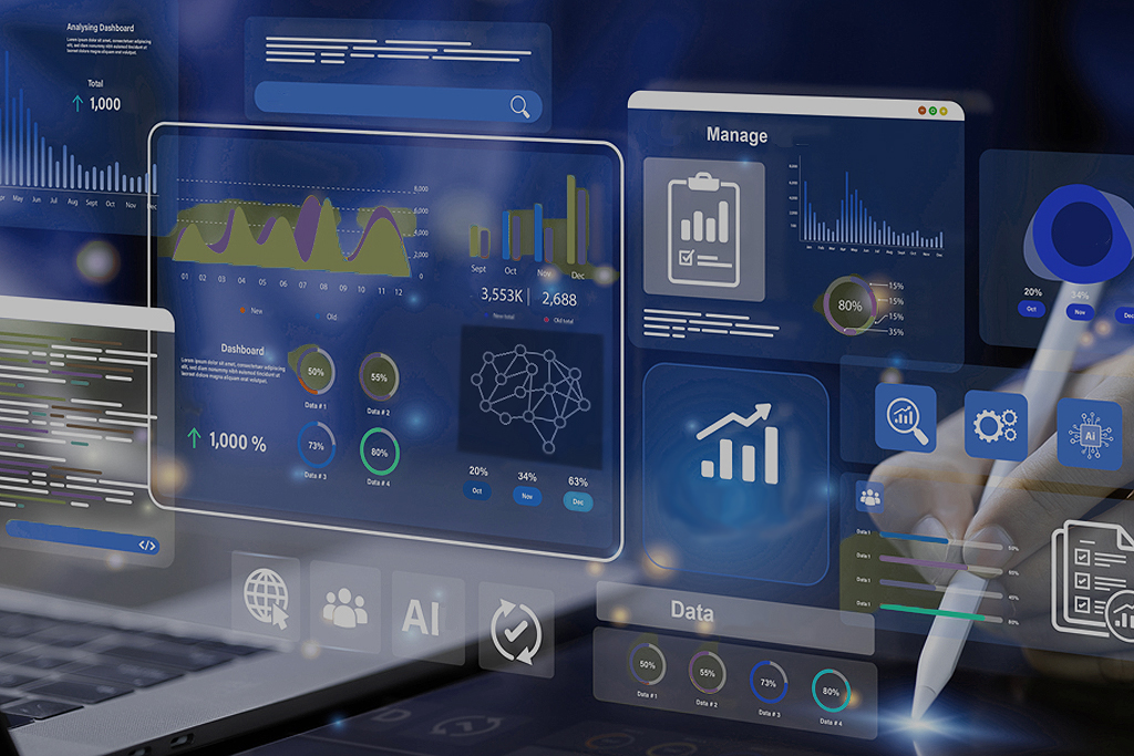 Cutting-edge AI analytics dashboard, Cutting-edge AI analytics dashboard, a close up of a very modern fancy KPI dash board and other metrics GUI on an almost holograhic display and the AcmeTech logo can be seen as well as AI control buttons and a keyboard