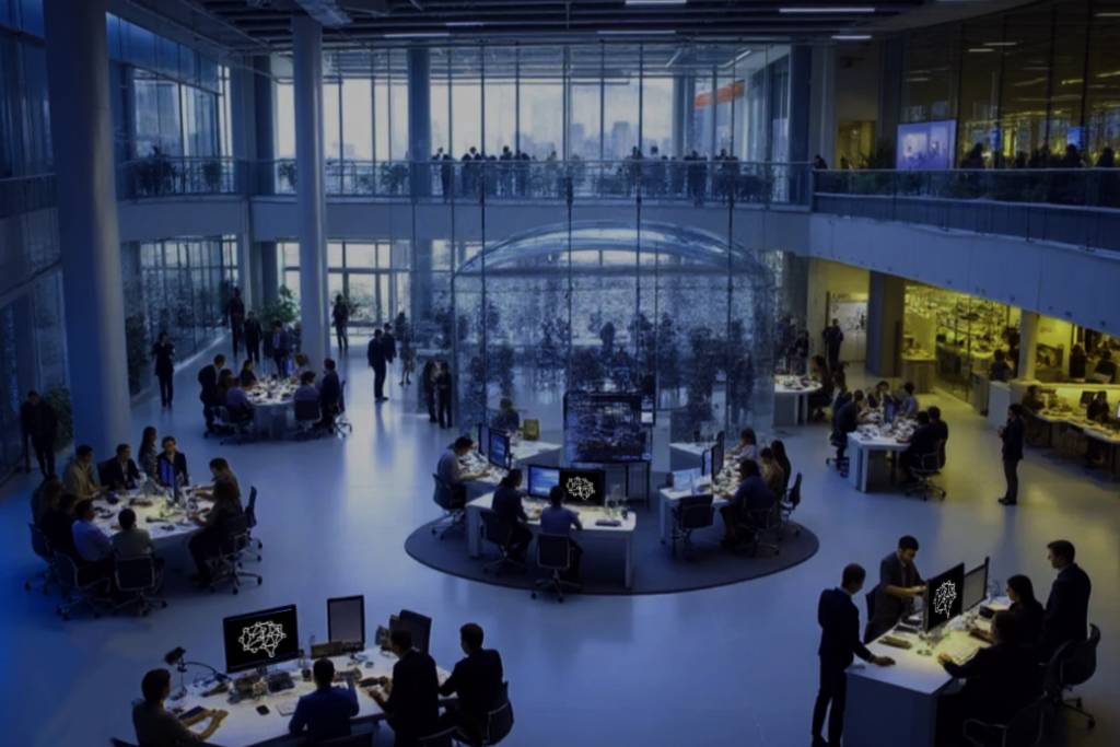 A large, futuristic AcmeTech mission control center showing multiple professional teams collaborating at modern workstations. An open-concept action floor features monitors displaying the AcmeTech logo, viewed from an upper-level balcony where executives are walking around
